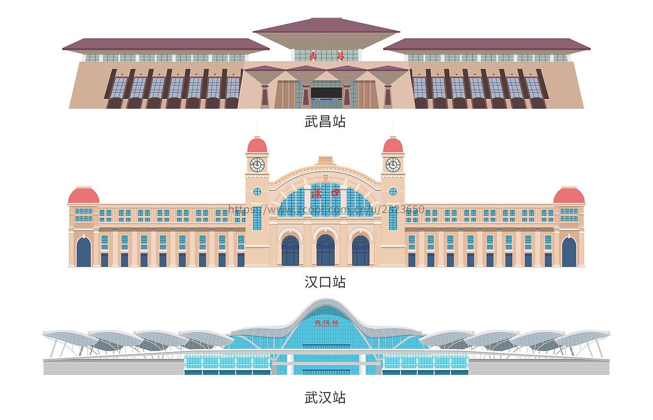 画扁平化风格之三大武汉火车站,没机场站不好意思呀