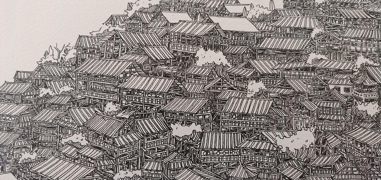 范炯钢笔画手绘表现《千户苗寨》