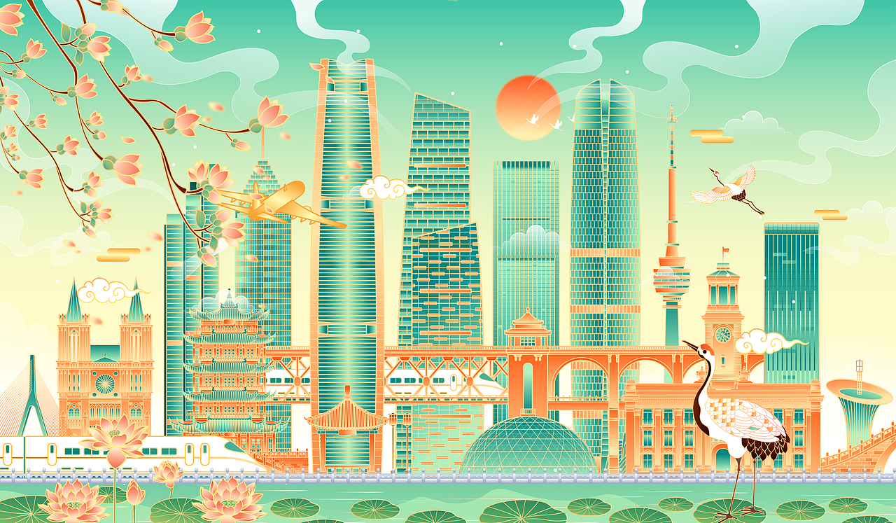 湖北武汉山东济南北京城市地标建筑矢量插画