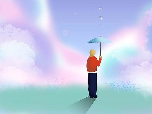 手绘插画,等待-蓝天下撑伞的少年