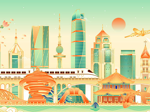山东青岛城市地标建筑群矢量插画