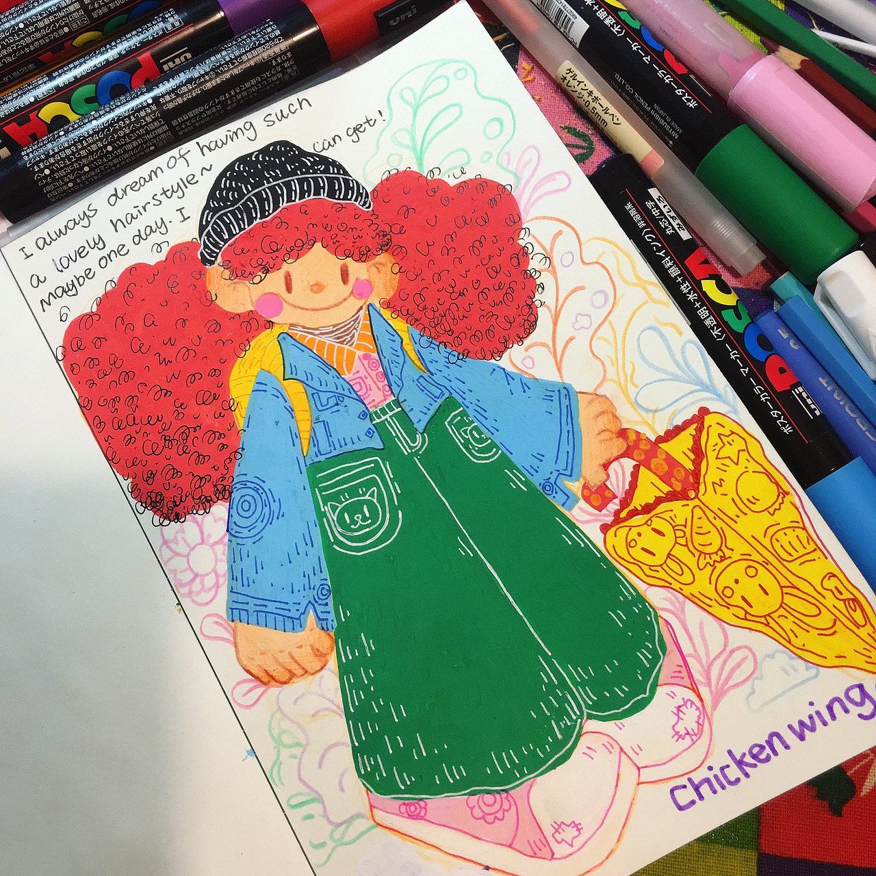 鸡翅笔下的蓬蓬头女孩们——丙烯马克笔儿童装饰插画