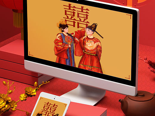情侣插画｜中式嫁衣【婚纱照】请柬｜婚庆新娘人物设计