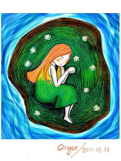 在微博上看到一幅画,有个小女孩撑着船,有一头美丽的红发,于是突然想画一个红发女孩。看了站酷上的《水语》后,想画水。然后这幅画就诞生了。