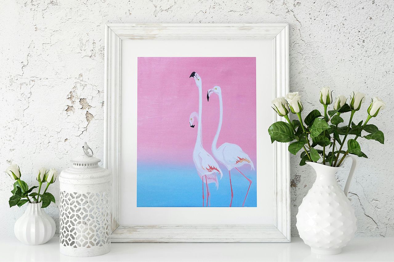 油画火烈鸟and船