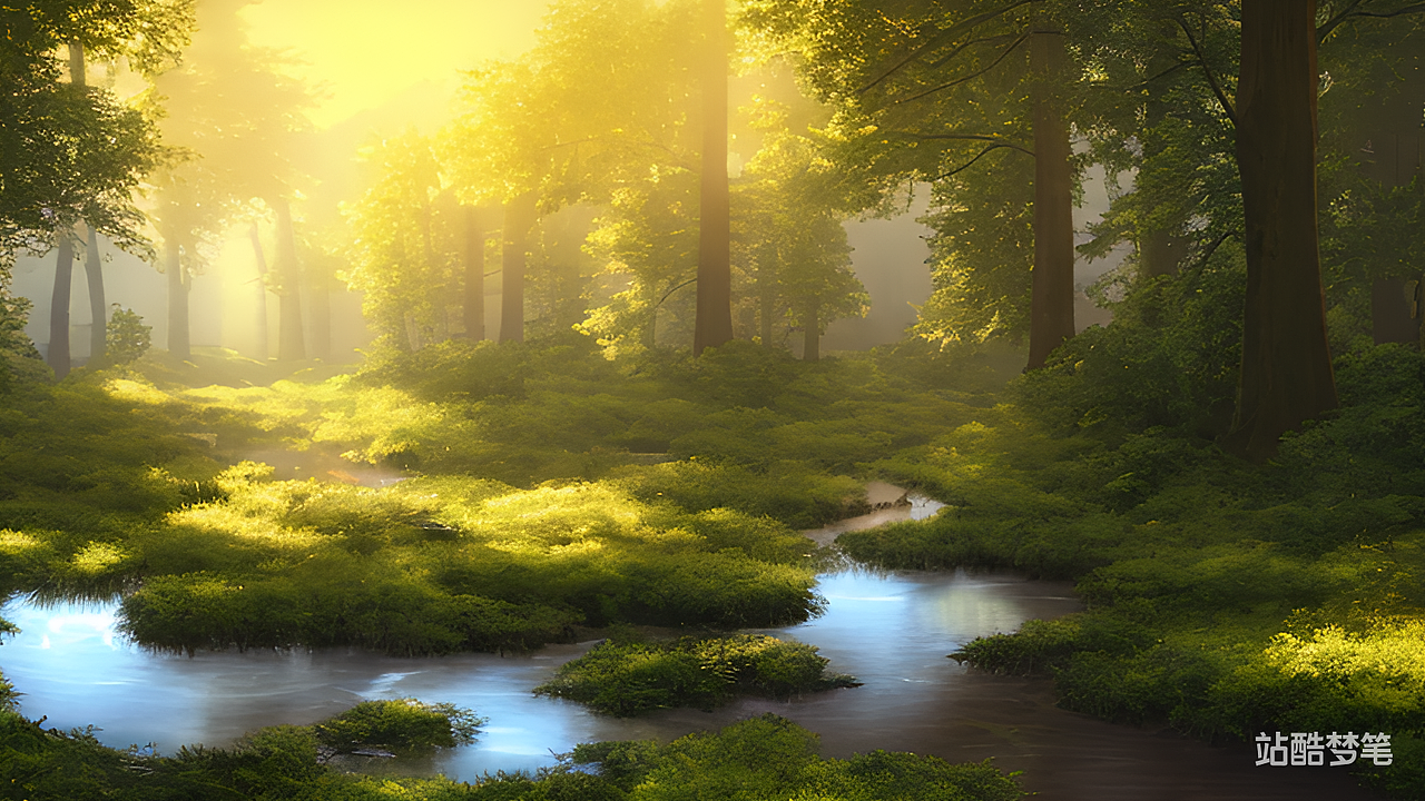 #站酷梦笔#早晨 树林 溪流 阳光，穆夏（图ZMzMzMDY4OTc2） - AI作品 - 站酷设计师张小罡原创素材 - 站酷ZCOOL
