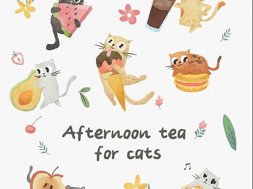 原创了一组以小猫与甜点为主题的插画图案