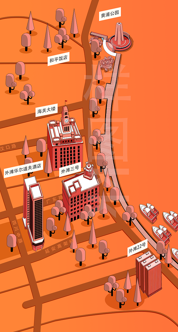 上海外滩.手绘地图.标志建筑物