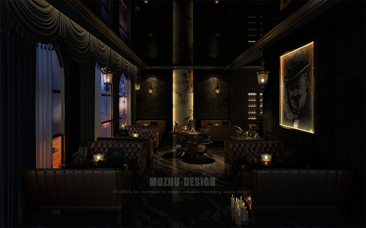 大连乌斯怀亚威士忌酒吧设计|酒吧二楼散座区设计效果图