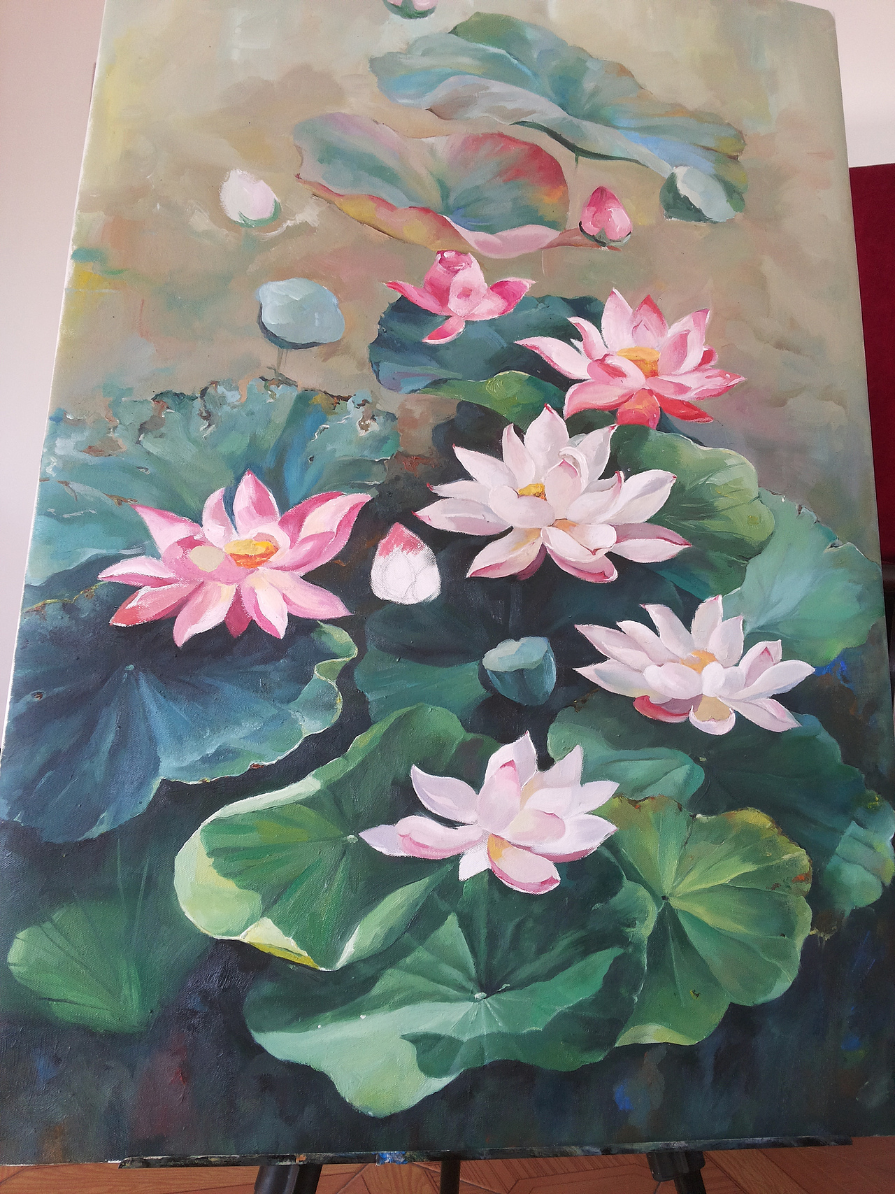 分享收藏标签油画玄关艺术荷花背景墙油画定制丙烯画添加表情喜欢ta的