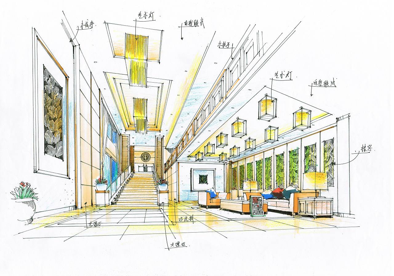 酒店大堂（电脑手绘效果图）|空间|家装设计|鲸作人 - 原创作品 - 站酷 (ZCOOL)