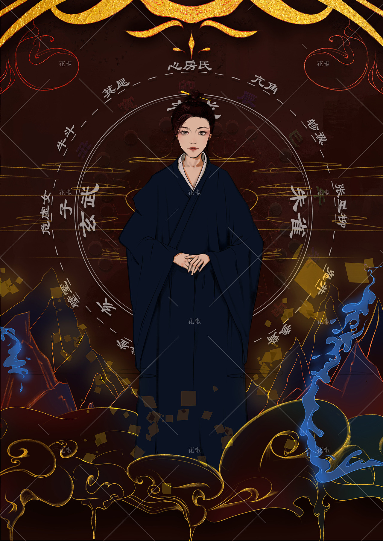 小姐姐要求道教的风格,要有仙气,英气结合,还有深红色的背景青岛/插画
