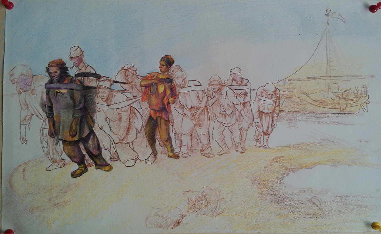 彩铅伏尔加河上的纤夫