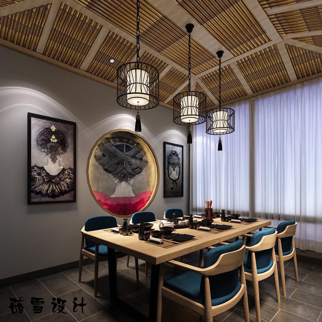日式卡座餐厅窗帘效果图_齐家网装修效果图