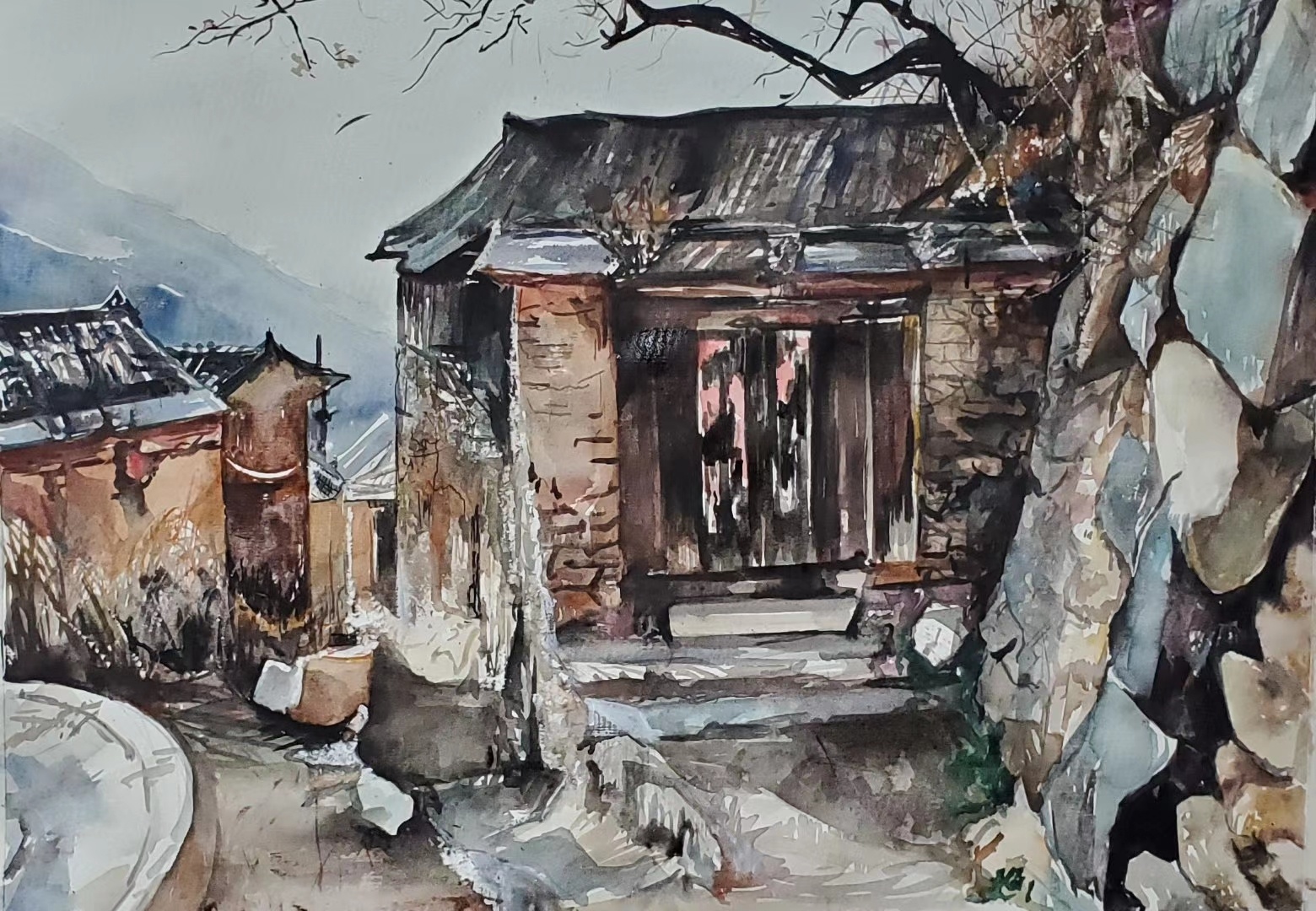 水彩风景照片写生习作《村口》 ,fxw .,2020.7.