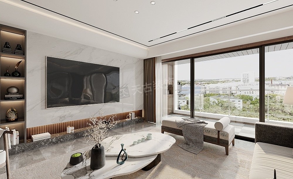 客厅和餐厅的色调采用深浅搭配,浅色给人轻松又不失文化底蕴,配以深色实木家具,使得整个空间稳重大气;简洁的石膏板吊顶的搭配,使得空间更有层次感。木饰面和硬包的点缀,打破了空间的沉闷感,显得生动许多。