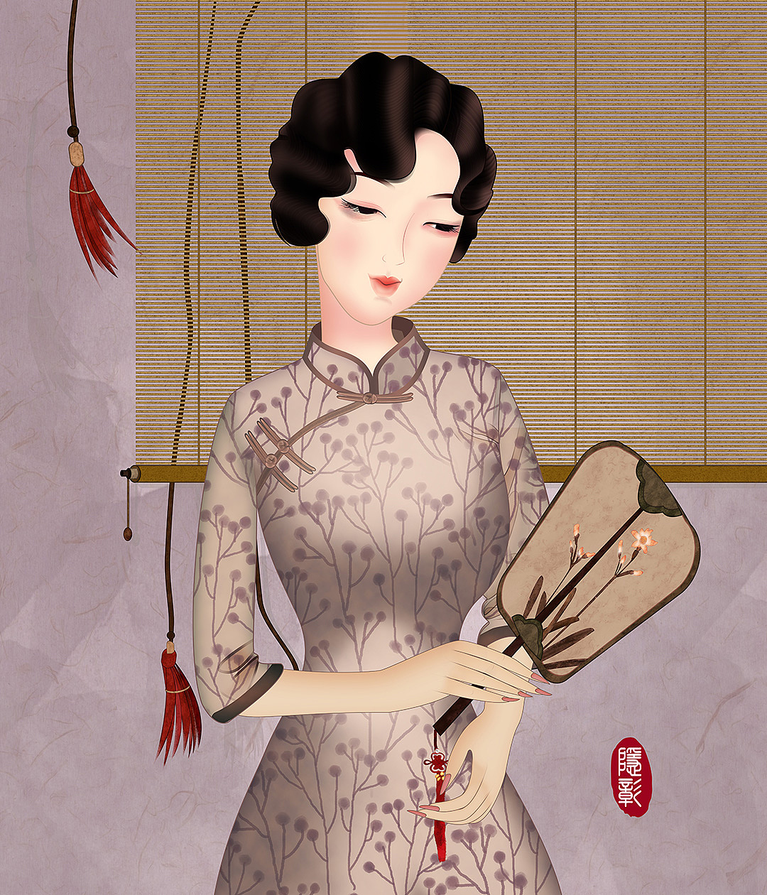 旗袍之美《凌霄花与持扇美人》（图ZMjAwNzM2ODgw） - 商业插画 - 站酷设计师隐彰原创素材 - 站酷ZCOOL