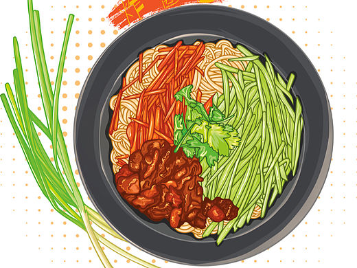 iPad线稿风插画|北京美食系列|杂酱面