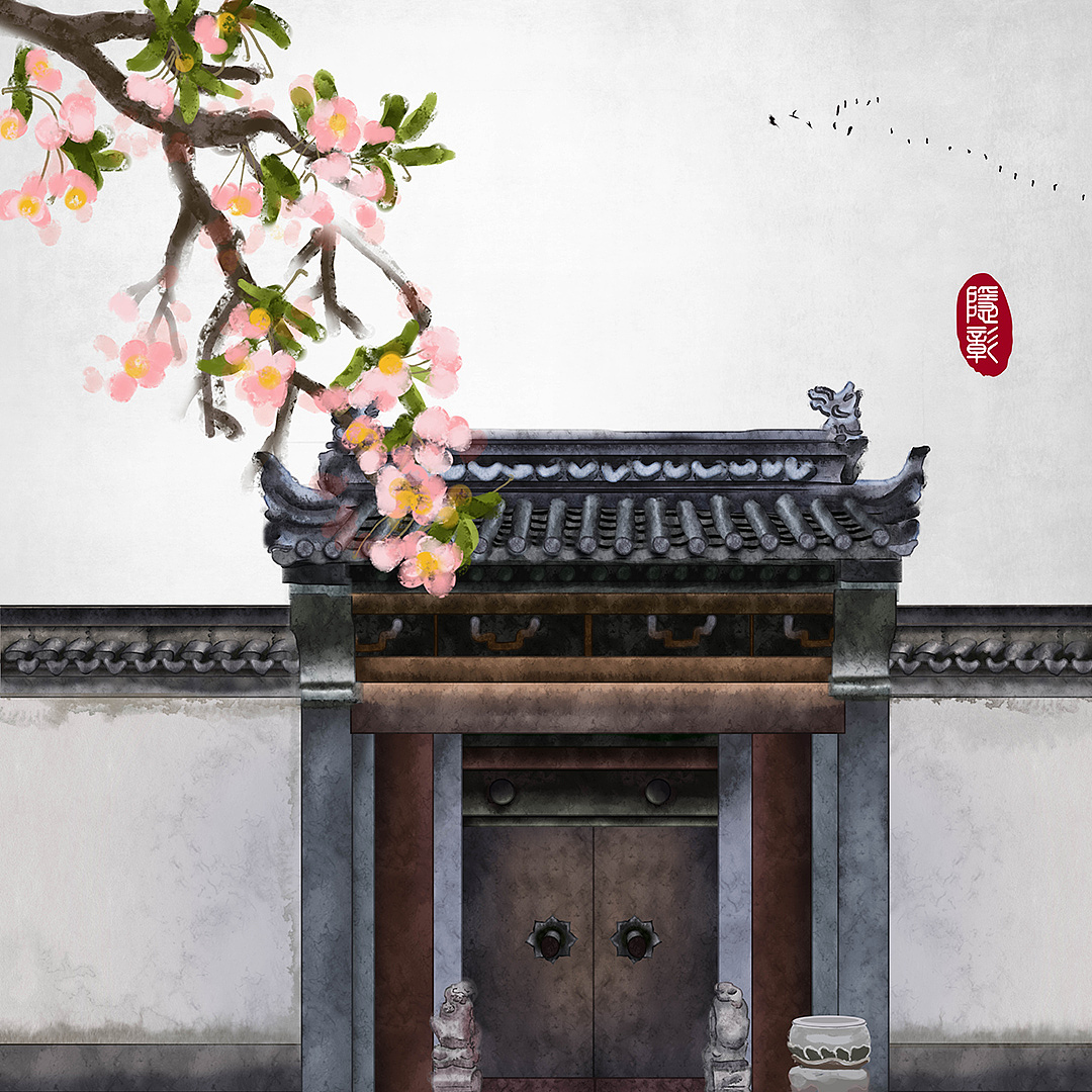 中式门古建筑梅花灯笼古门飞鸟古风水墨画古风插画
