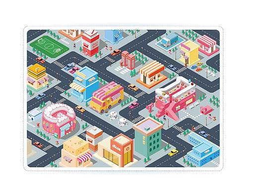2.5D城市小街景插画