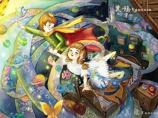 儿童绘本内插 星球小王子小女孩（水彩手绘）