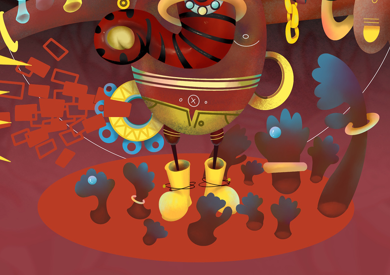 红色色块代表金钱,下方的手表示人过于终将被吞噬