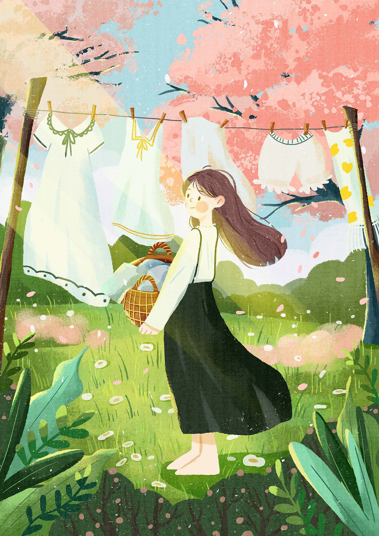 春季的樱花飘落
晾上我心爱的花裙子<br>一束阳光映入眼帘