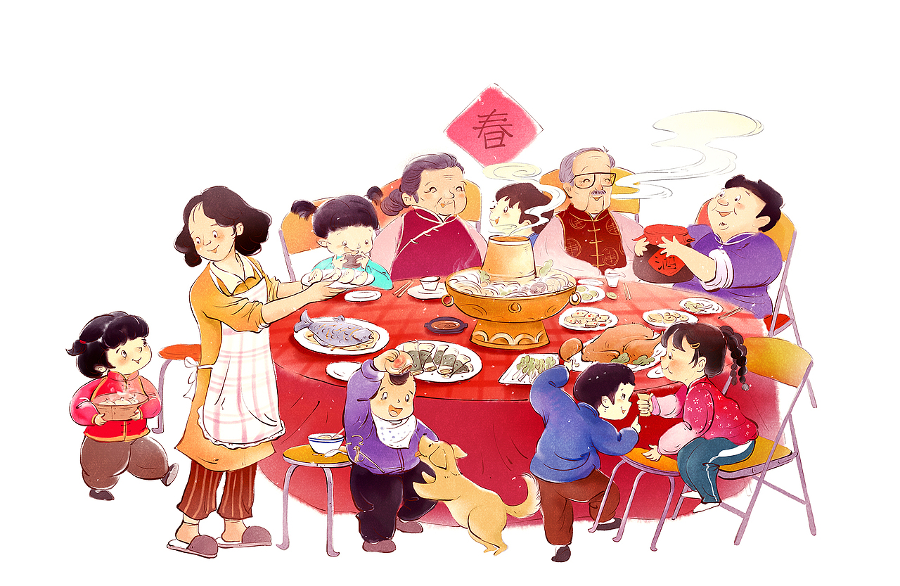 年夜饭:画面以一个摆满了各式各样年夜饭的餐桌为视觉中心,家中的亲人