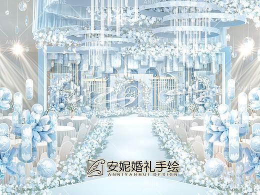兰玲 | 新中式水蓝色主舞台安妮婚礼手绘效果图