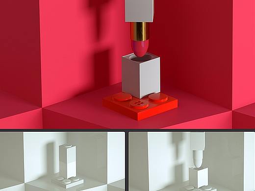 口红和积木元素的动画展示及oc渲染场景