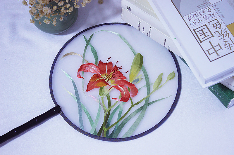 萱草花双面团扇 苏绣