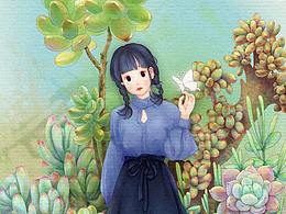 多肉花花丛里的你