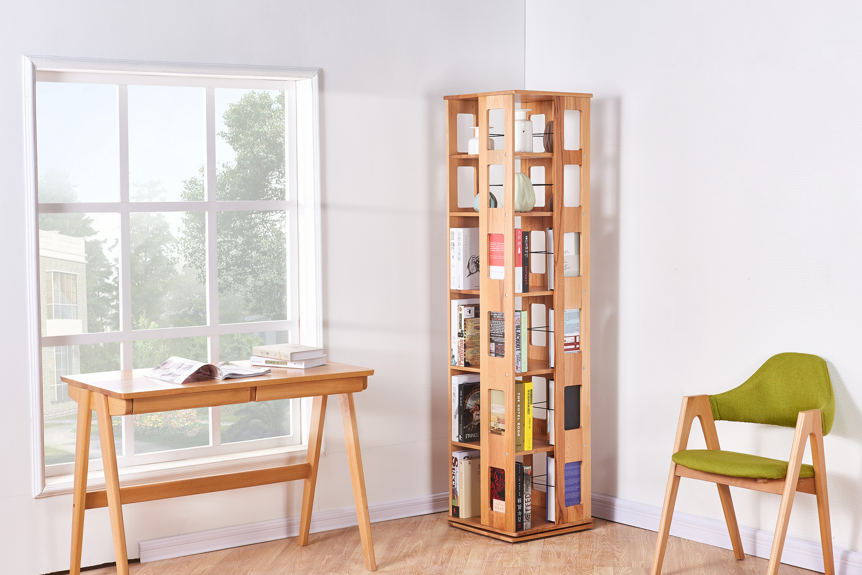 实木 原木 旋转书架 书柜