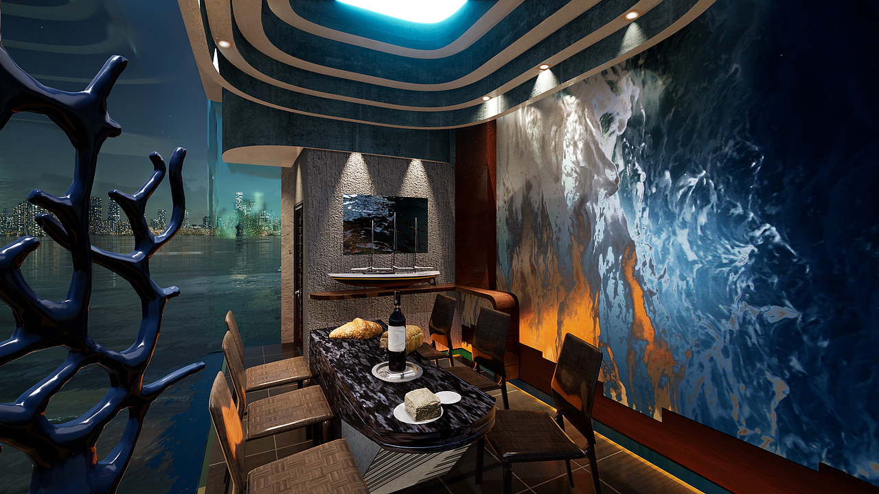 水上餐饮空间外景效果图捕鱼文化主题餐厅包间设计效果图少女前线同人