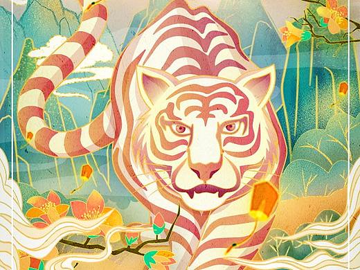 复古国潮插画风虎年虎虎生威H5启动页海报