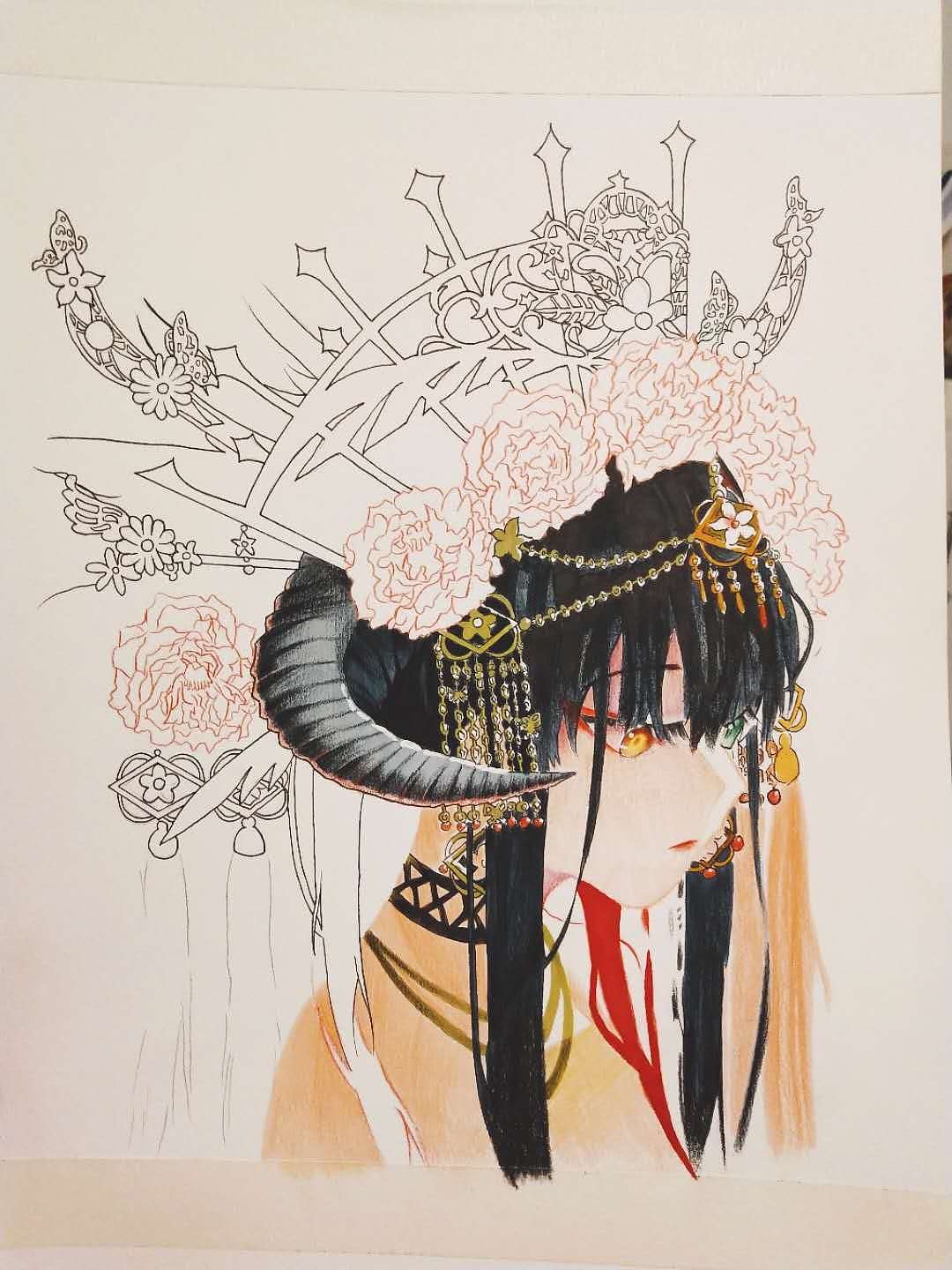【临摹】马克笔+彩铅 牡丹娘 完整绘画