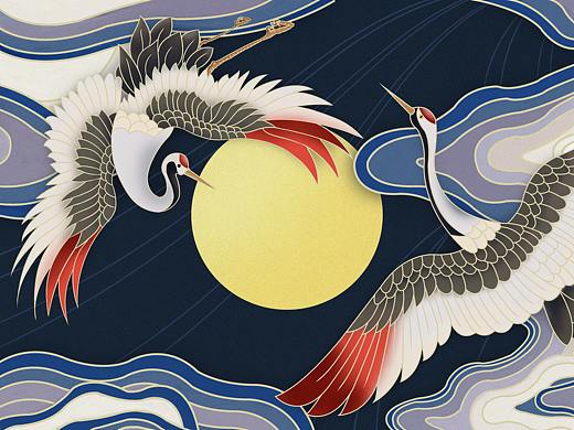 插画习作双鹤飞天