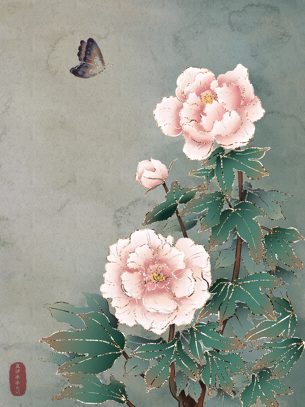 花开富贵国画牡丹复古新中式国风插画