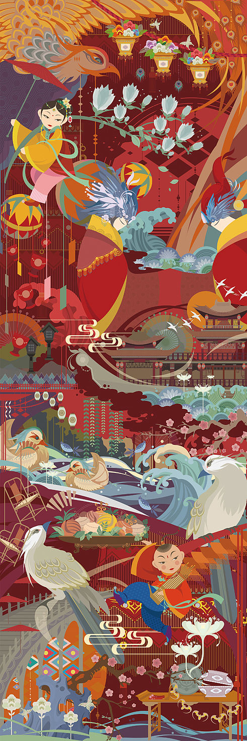 《福生五相》传统吉祥图案创意插画及相关衍生品设计（图ZMTE0MjE4NDg=） - 新锐潮流插画 - 站酷设计师绿豆君mungbean原创素材 - 站酷ZCOOL
