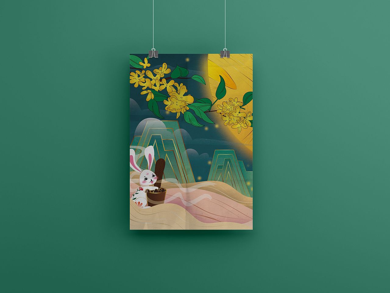 中秋佳节 玉兔捣药 ai插画 国潮国风