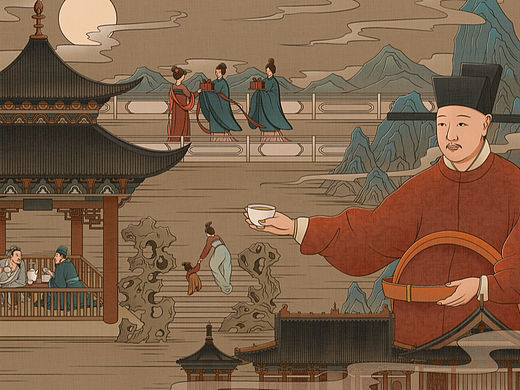 宋朝 宋徽宗品茶 复古插画手绘