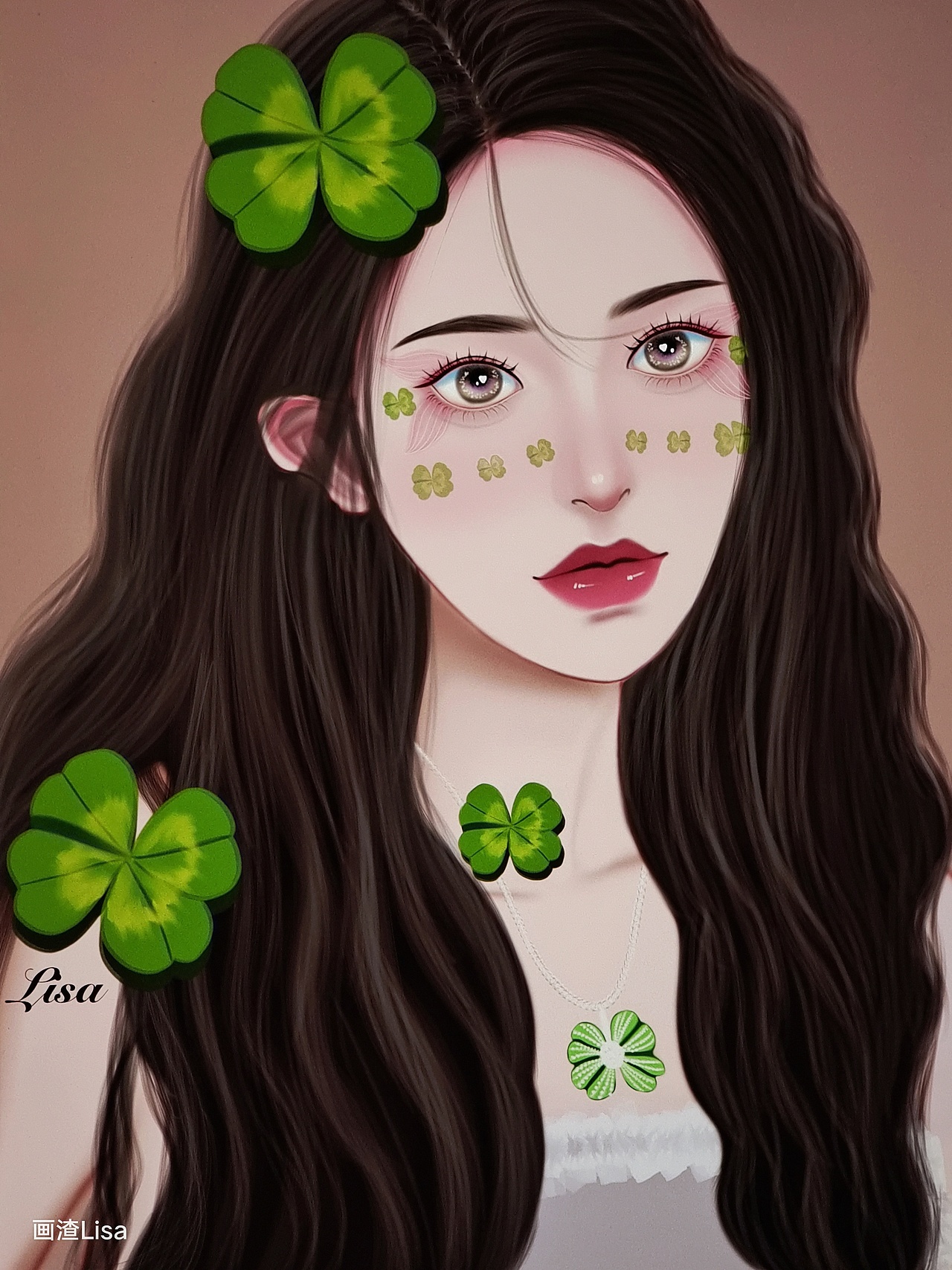 银杏叶四叶草拟人头像插画