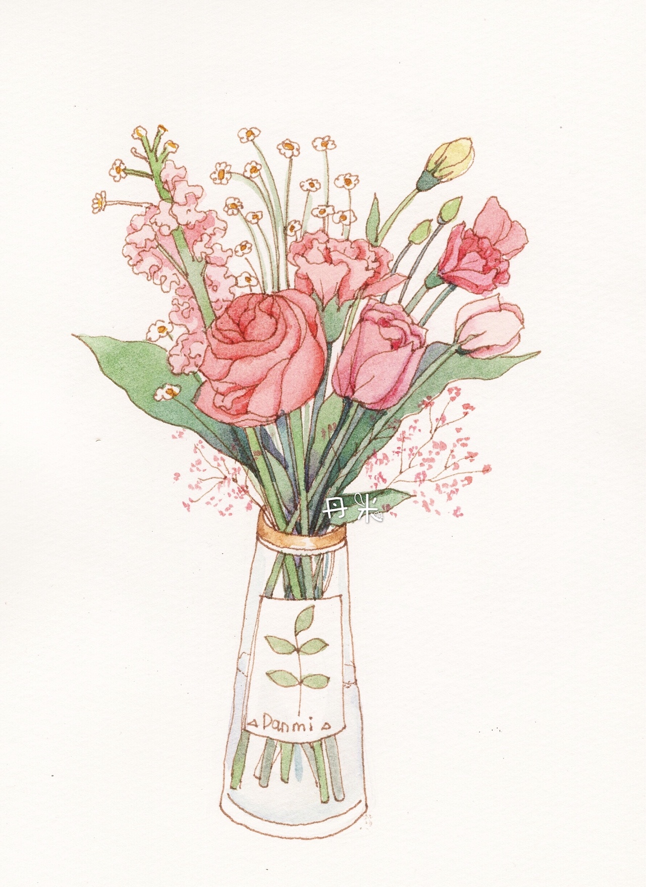 小清新 手绘插画钢笔淡彩花儿系列