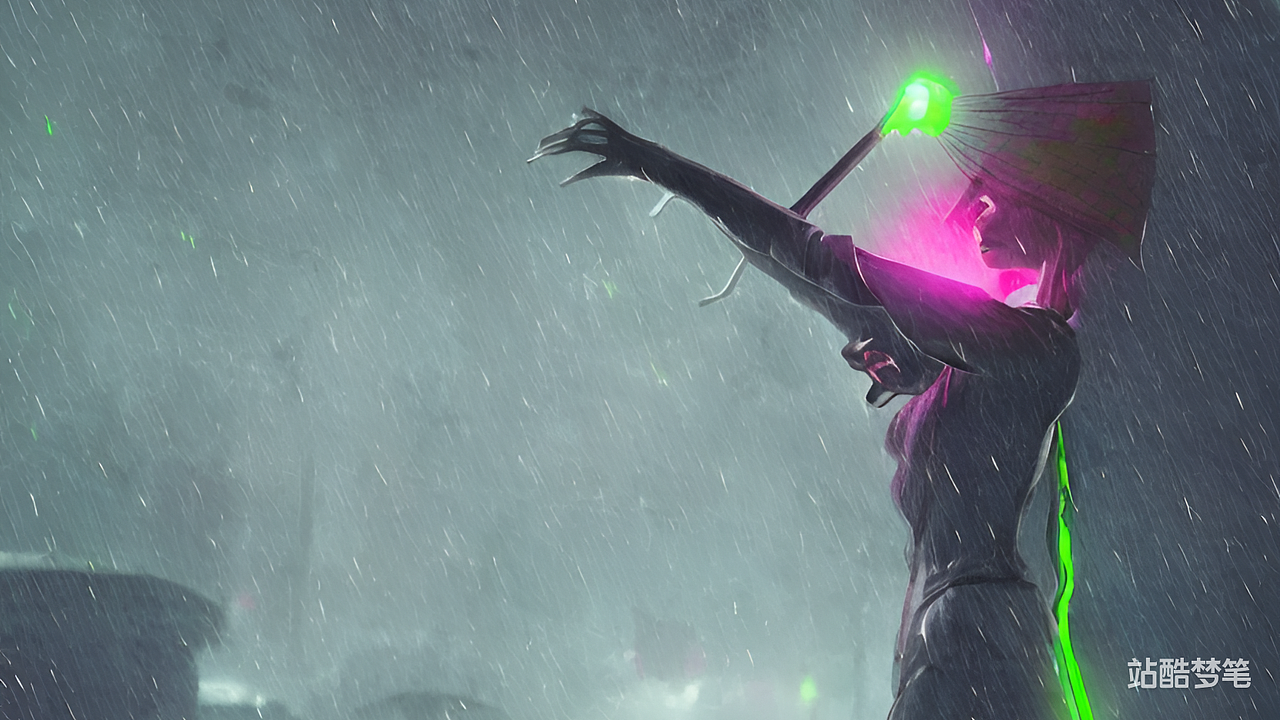 #站酷梦笔#仰视  正面 打伞女孩全身   雨天 霓虹