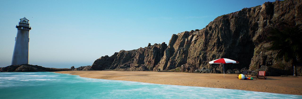 海滩三维场景设计：虚拟线上发布会场景