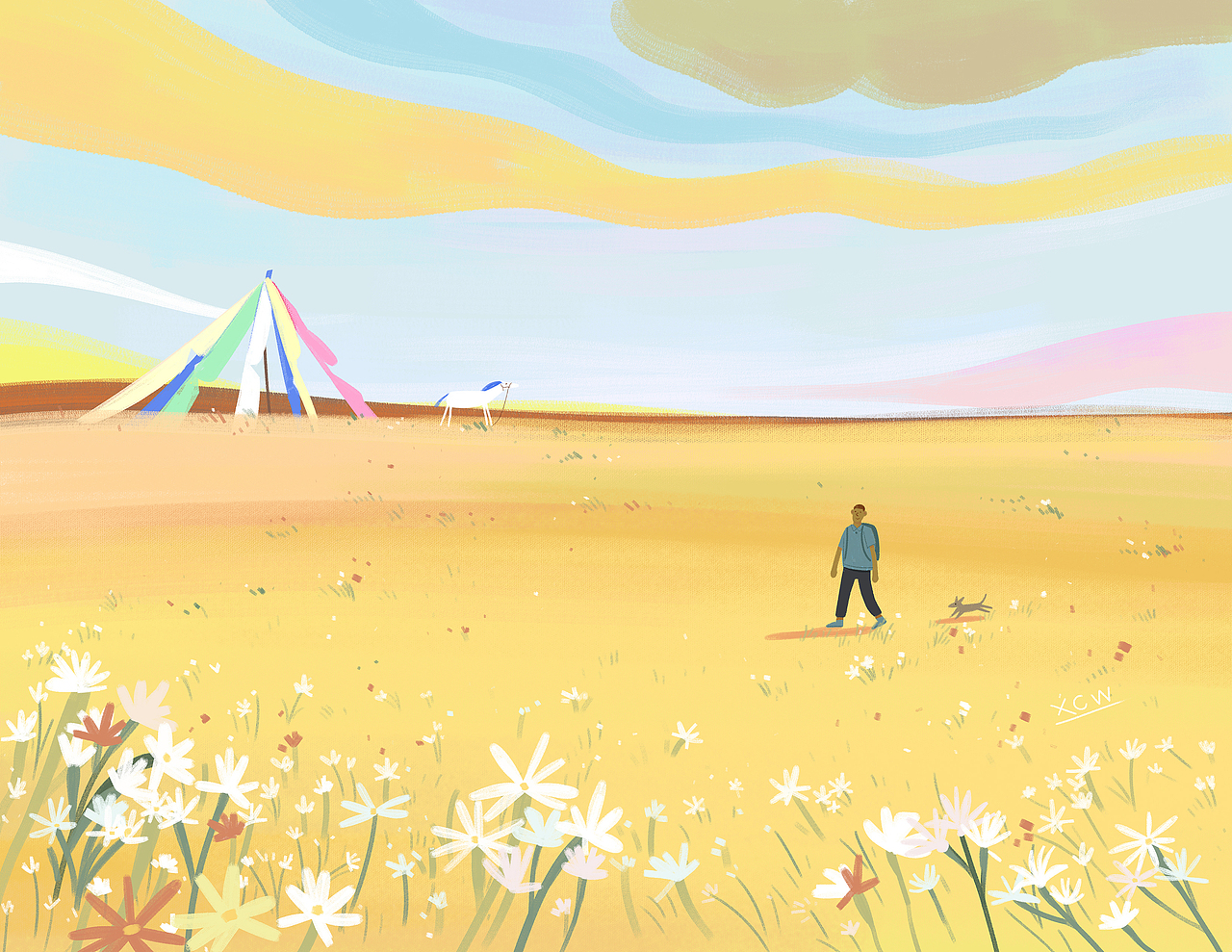 遇见一匹雪白色的马，它静静地站立着，一动不动。就像三毛笔下的一棵树，深深的扎根这片草原上。任凭大风吹散它帅气的头发。