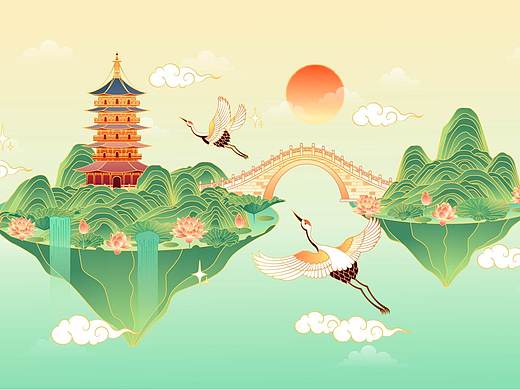 国风山水矢量插画