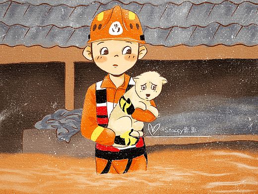 原创插画河南暴雨中可爱的人