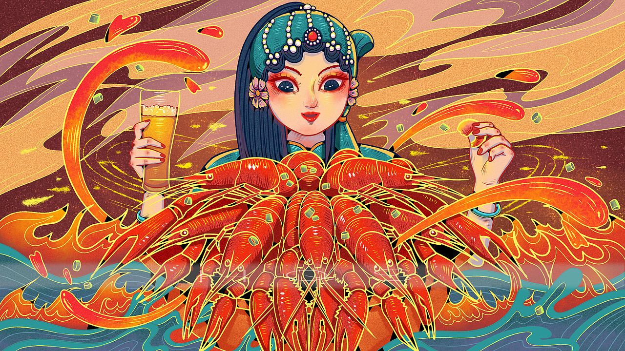 啤酒小龙虾原创国潮包装插画（图ZMjU2MzkyMzUy） - 商业插画 - 站酷设计师山口小百惠1004原创素材 - 站酷ZCOOL