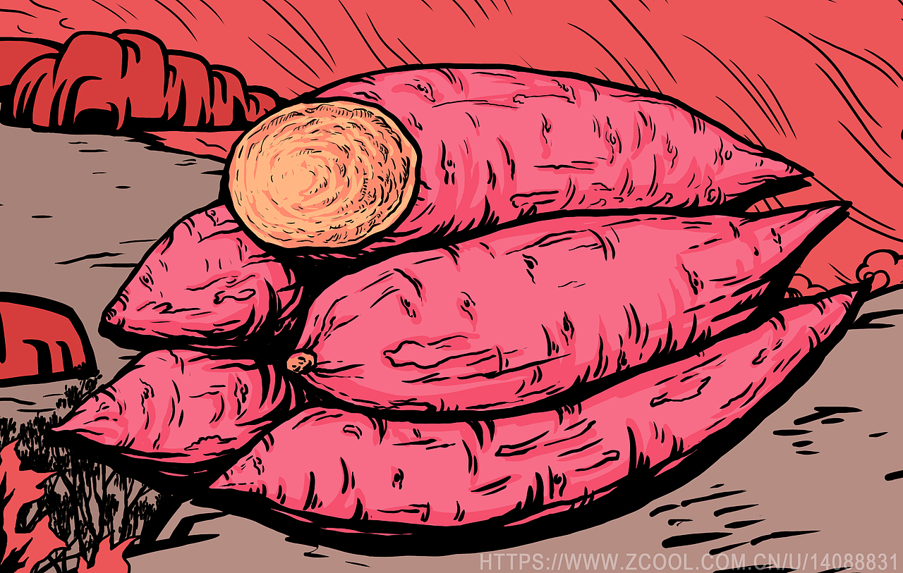 兰考红薯哈密瓜插画产品包装版画风格红色文化